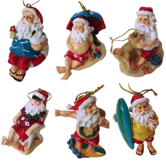 Bundle Lot of 6 Santa Claus Christmas Ornaments Beach Surfer Sandcastle Chill - Picture 3 of 11